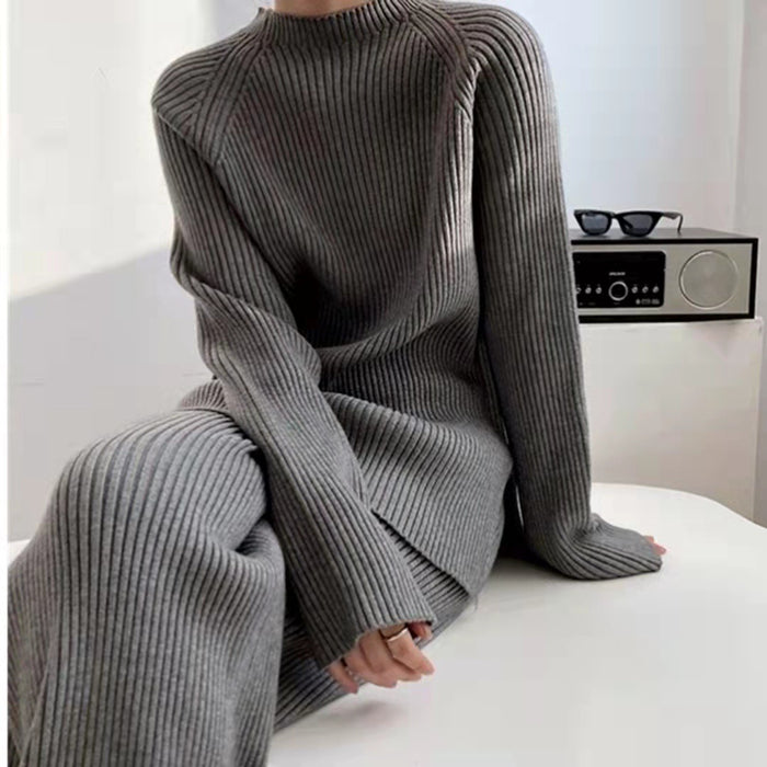 Solid Color Split Sweater Wide Leg Pants Two Piece Set Women Spring Loose Spring Autumn Knitting Suit