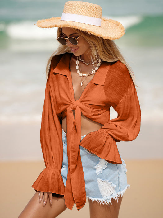 Beach Cover Up Sun Protection Front Lace Up Slub Cotton Shirt Long Sleeve Beach Sun Protection Shirt Women