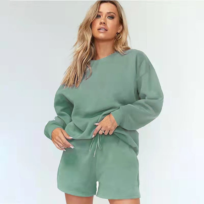 Solid Color Rib round-Neck Women Clothing Brushed Hoody Side Pocket Shorts Casual Suit