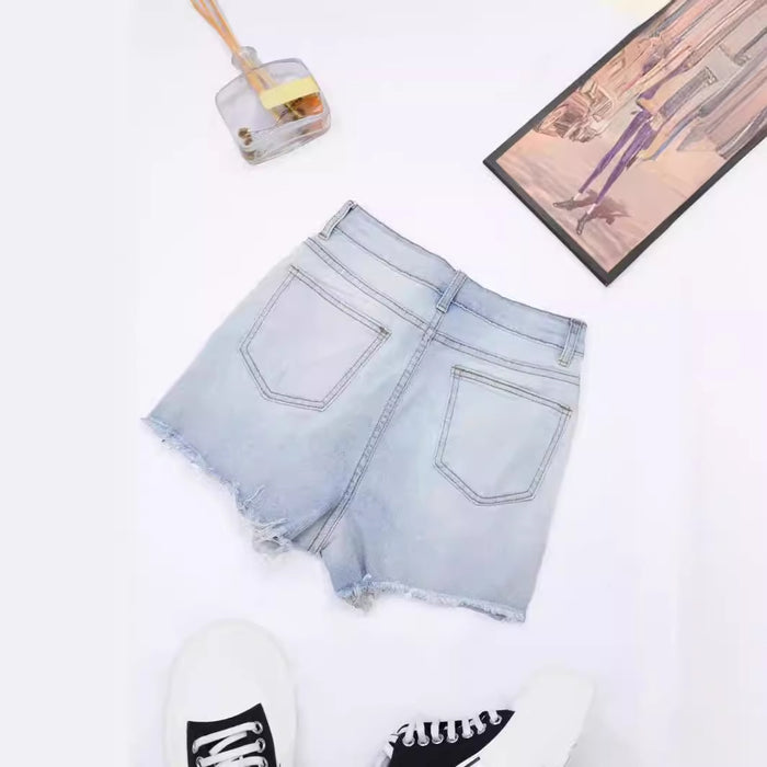 Women Summer Raw Hem High Waist Pearl Rhinestone Tassel Chain Slim Slimming Straight Denim Shorts