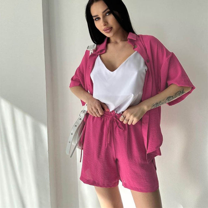 Spring Champray Collared Short Sleeved Shirt Shorts Suit Women Loose Casual Vacation Two Piece Suit