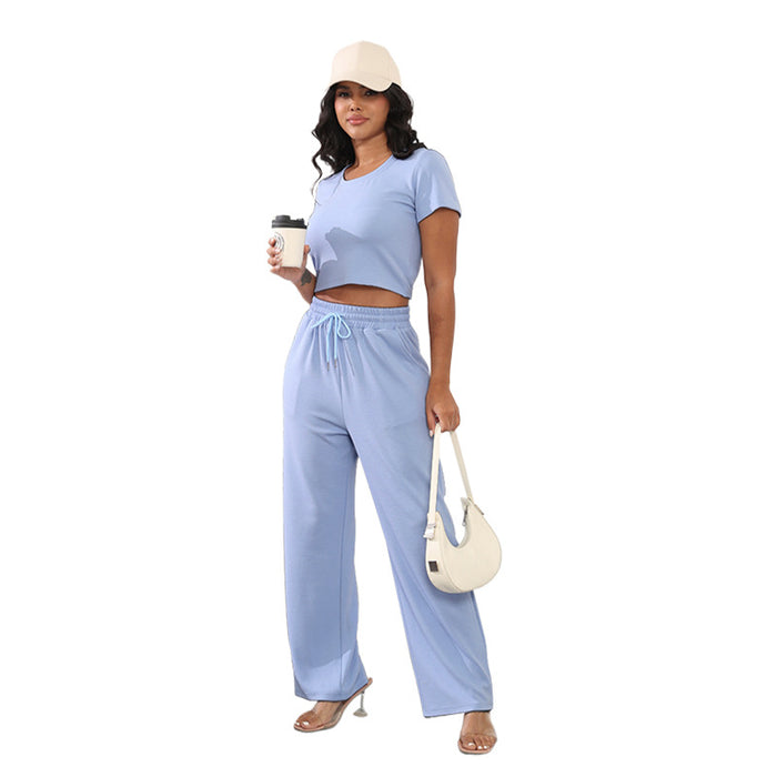 Summer Round Neck Short Sleeved Women Clothing Two Piece Suit Casual Wide Leg Pants Suit Cotton