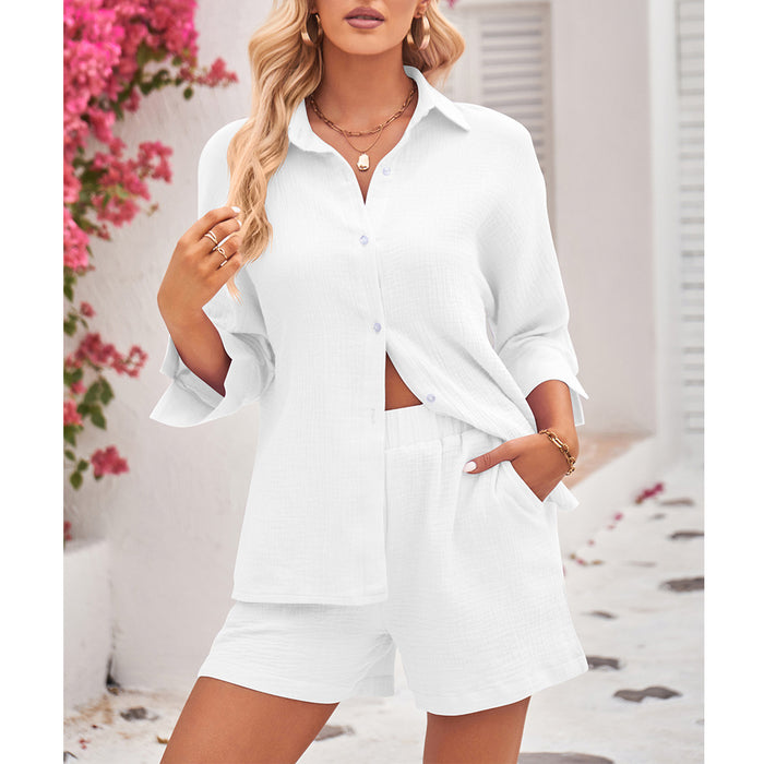 Women Ladies 3/4 Sleeve Shirt Short Pure Cotton Two Piece Suit