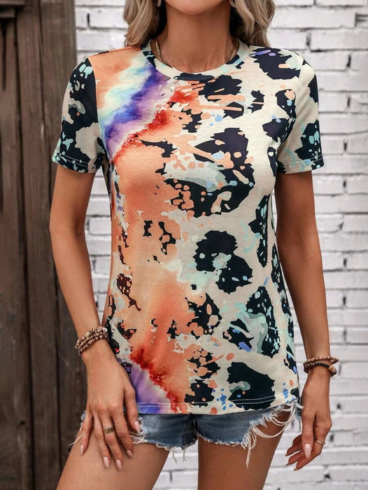 Women Clothing Summer Painted Positioning Floral Short Sleeve Slim Top Women