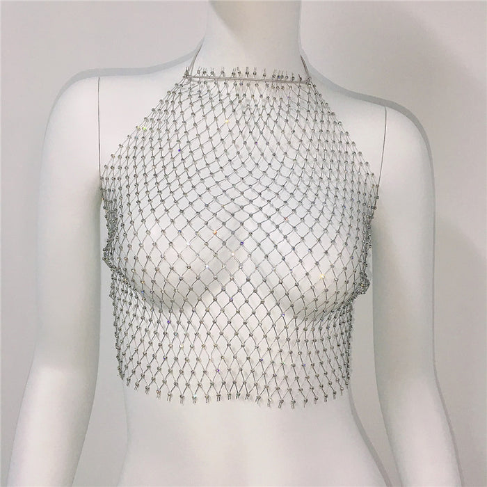 Women Clothing Grid Rhinestone Fishnet Halter Spaghetti Straps Sexy Cutout Sexy Sling Women