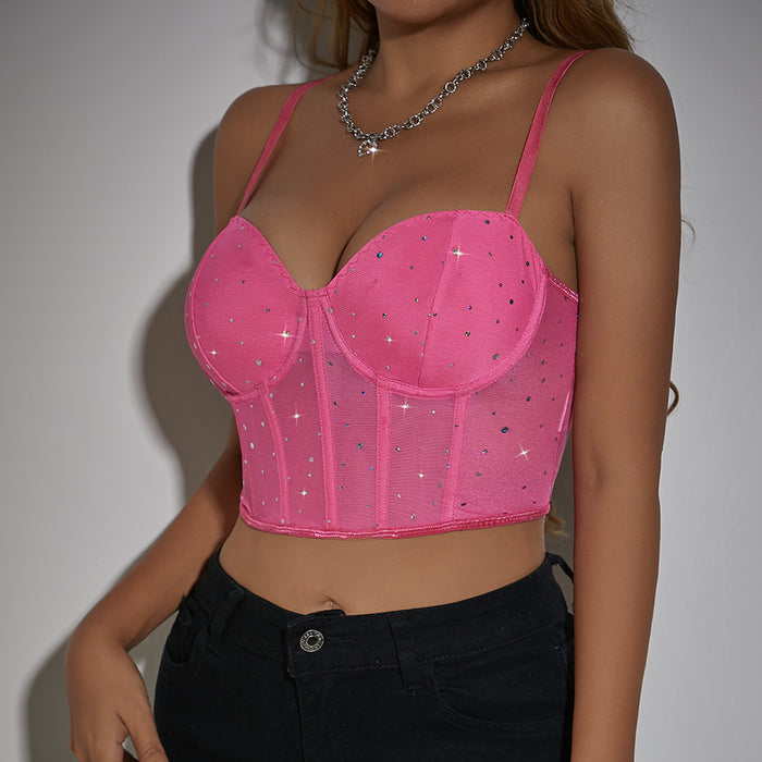 Sexy Night Club Sequ Boning Corset Steel Ring See through Cropped Slim Fit Sexy Vest