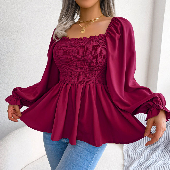 Spring Summer Casual Wooden Ear Square Collar Long Sleeve Chiffon Shirt Women Clothing