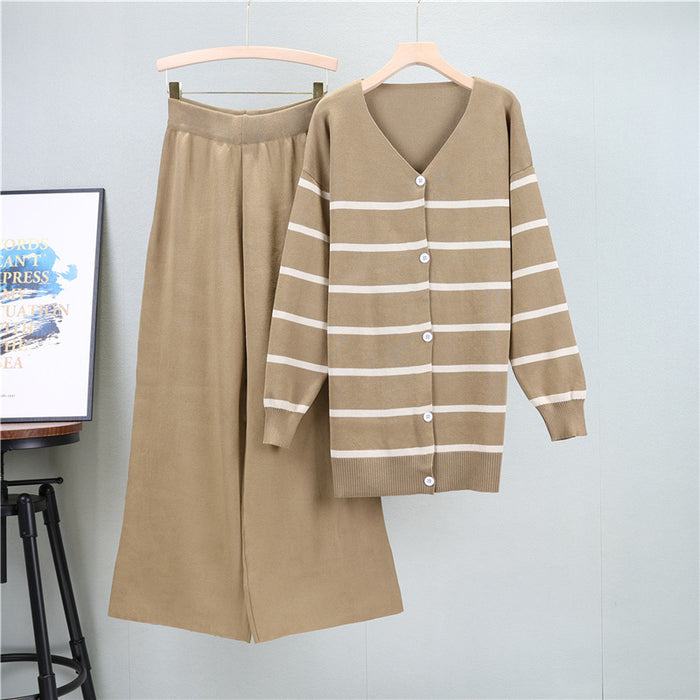 Spring Autumn Mid Length Striped Knitted Cardigan Suit Women Loose Wide Leg Pants Two Piece Set