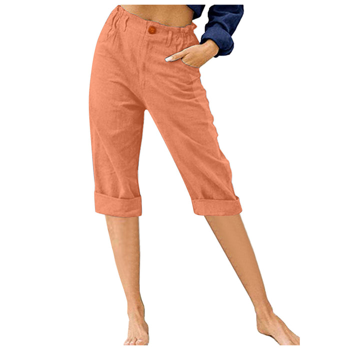 Women Clothing Cropped Pants Solid Color Cotton Linen Loose High Waist Casual