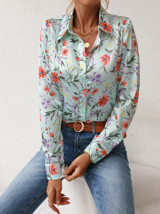 Spring Summer Holiday Floral Digital Printing Long Sleeved Shirt Women Clothing