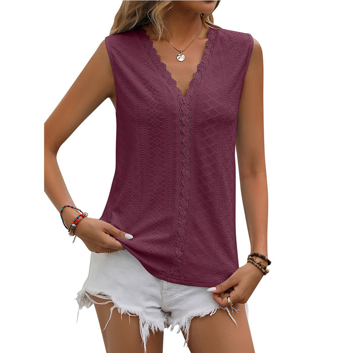 Summer Women Clothing Solid Color Hole Mesh V neck Sleeveless Vest