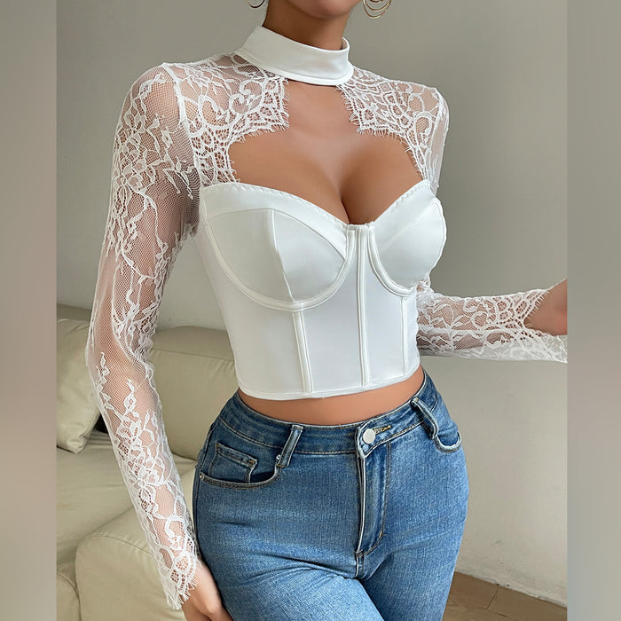 Autumn Winter Sexy Sexy Low Cut Top Elegant Slim Lace Long Sleeve Women Clothing