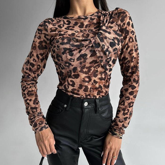 Autumn Winter Personalized Sexy Slim Leopard Print Long Sleeve Round Neck Bottoming Tops Women