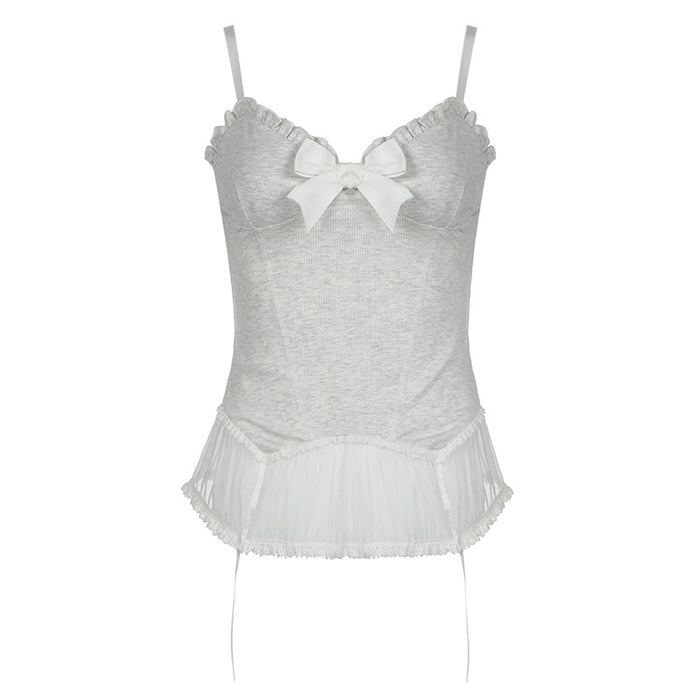 Sexy Low Cut V neck Pleated Lace Bow Suspenders Girl Slim Fit Waist-Tight Pure Mesh Vest