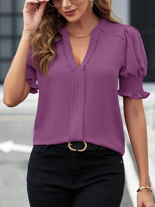 Women Clothing Summer V neck Elegant Puff Sleeve Solid Color Shirt Women Top