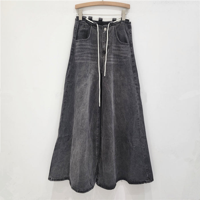 Korean Chic Drawstring Low Waist Jeans Women Autumn Loose Wide Leg Mop Pants High Street