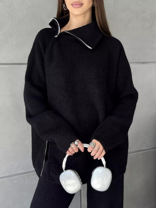 High Collar Zipper Knitted Sweater Women Suit Autumn Winter Knitted Western Wide Leg Two Piece Suit