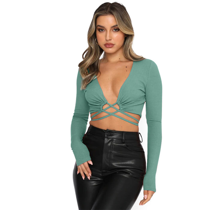 Long-Sleeved Sweater Early Spring Deep V Plunge Plunge Strap Sexy Blouse Top