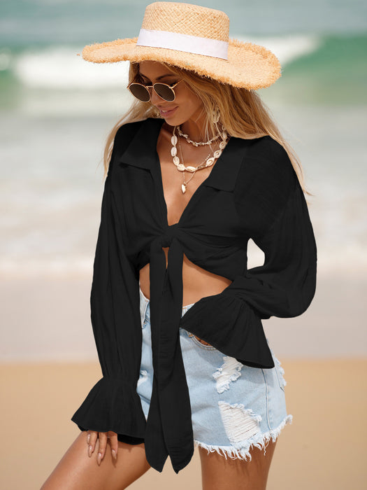 Beach Cover Up Sun Protection Front Lace Up Slub Cotton Shirt Long Sleeve Beach Sun Protection Shirt Women