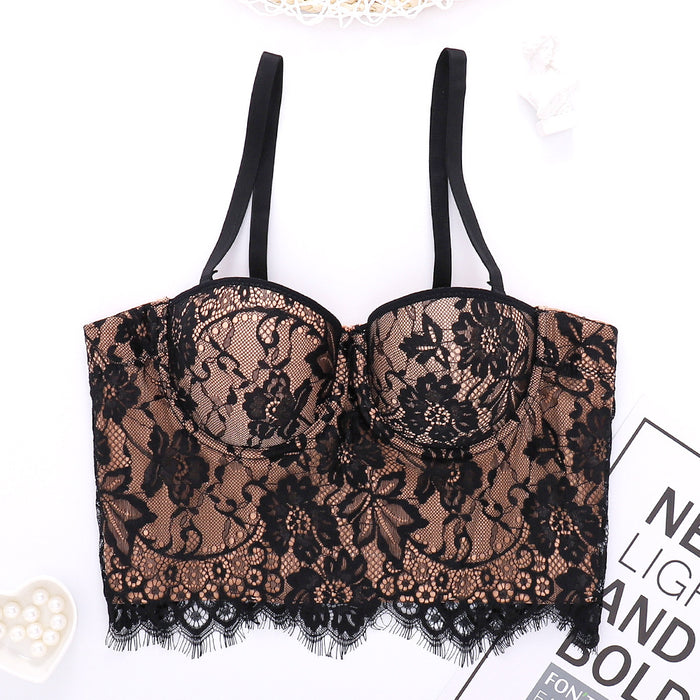 Lace Camisole Women Outer Wear Short Eyelash Bra with Steel Ring Push up Underwear Trendy Contrast Color Tube Top