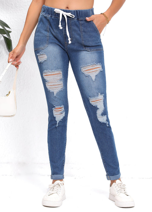 Slim Fit Trendy High Waist Hole Denim Skinny Pants