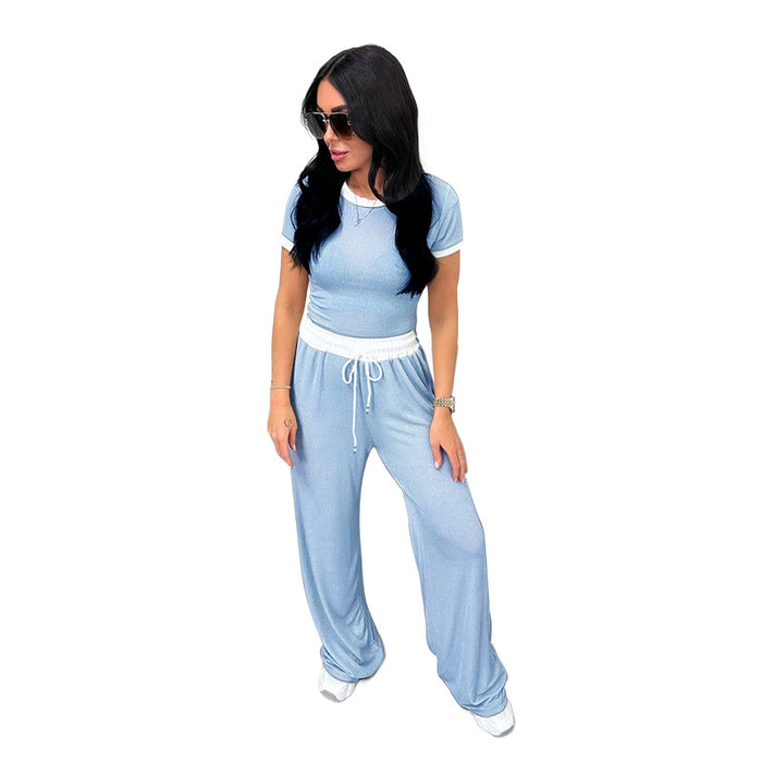 Spring Summer Round Neck Contrast Color Short-Sleeved Women Clothing Casual Wide Leg Pants Sports Suit