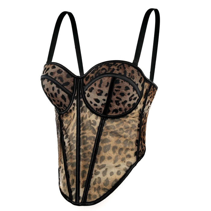 Sexy Leopard Print Stitching Bra Shoulder Straps High Grade Inner Mesh Lace See through Outer Wear Boning Corset Bra