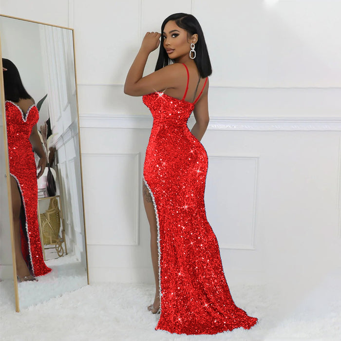 Sexy V neck Brace Sequined High Slit Evening Dress Slim Dress