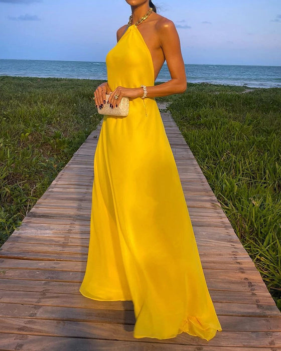 Summer Sexy Solid Color Halter Large Swing Backless Mop Maxi Dress