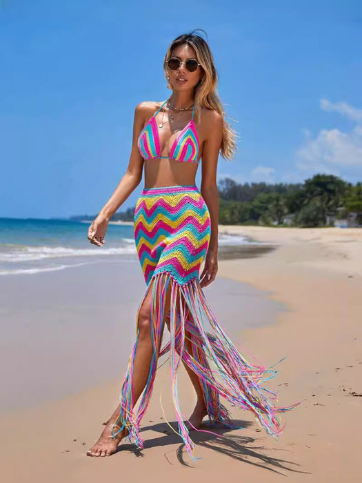 Women Clothing Sexy Hand Crocheted Wavy Tassel Beach Cover Up Skirt Set