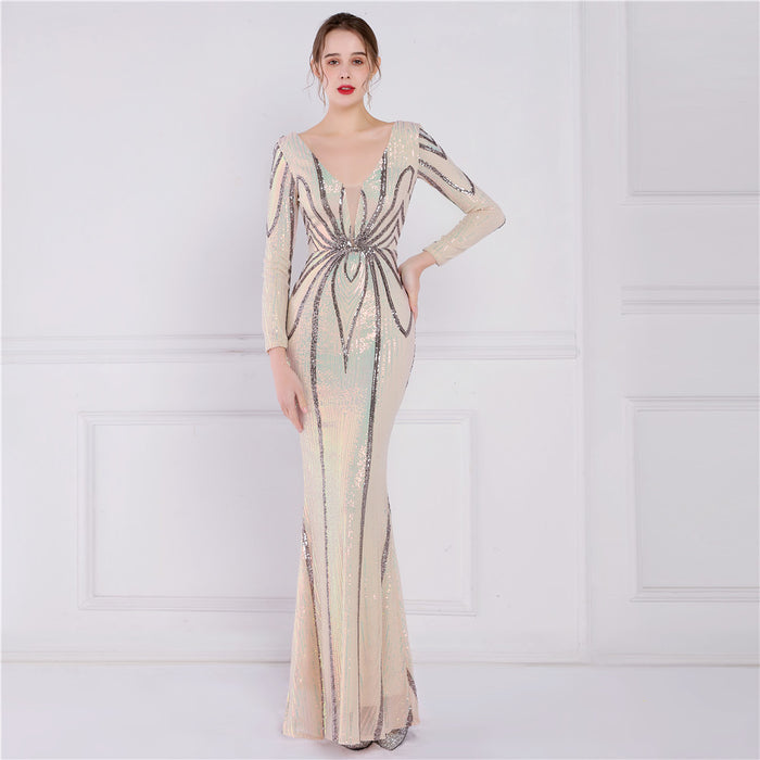 Positioning Floral Sequin Evening Dress Women Banquet Elegant Long Sleeve Sequined Queen Fishtail Dress