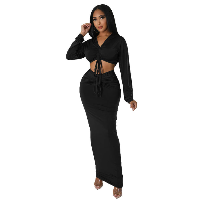 Hooded Cropped Top Sexy High Waist One Step Skirt Two Piece Set