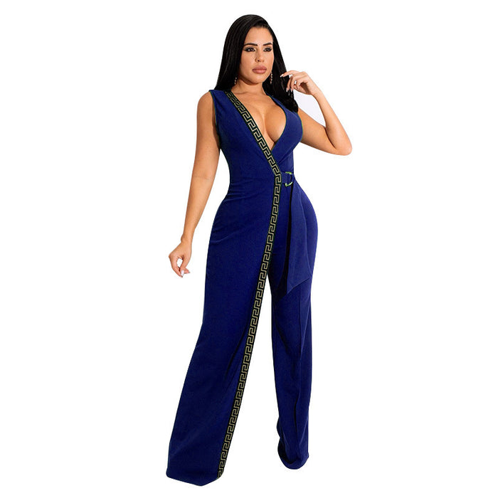 Spring Deep V Plunge Neck Slim Fit Jumpsuit Simple Smart Trousers Containing Belt