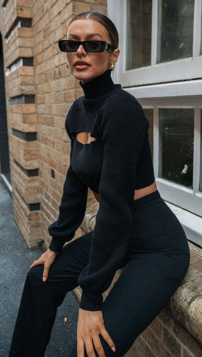 Women Knitted Sexy Turtleneck Long Sleeve Short Top