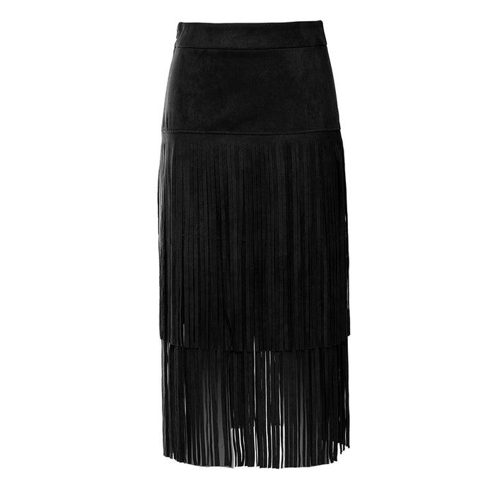 Fall Winter Cowboy Wild Domineering Heavy Industry Tassel Mid Length Skirt Women