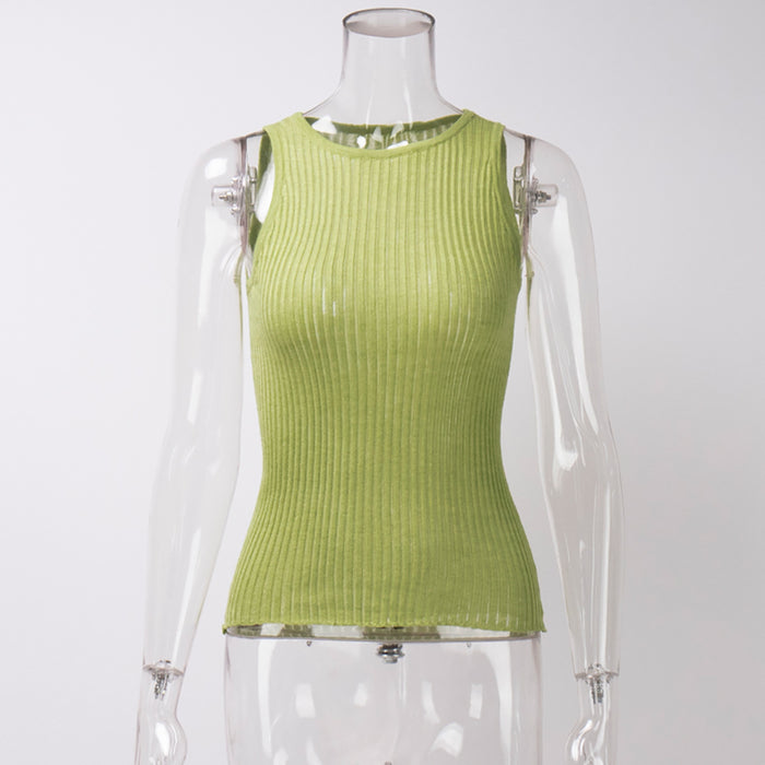 Knitted Vest Summer Sexy Sunken Stripe Hollow Out Cutout Vest Slim Sleeveless Knitted Top