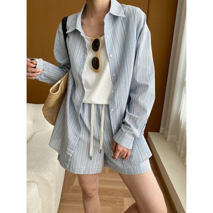 French Texture Stripe Collision Shirt Leg Shorts Two Piece