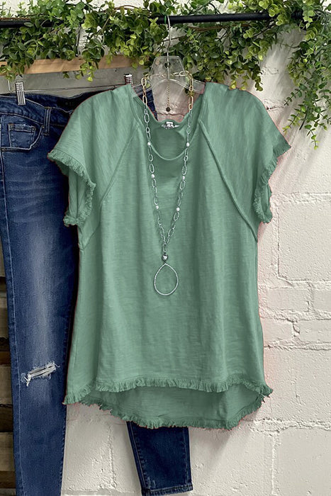 Ladies Top Solid Color Cotton Tassel Design Short Sleeve Round Neck T shirt