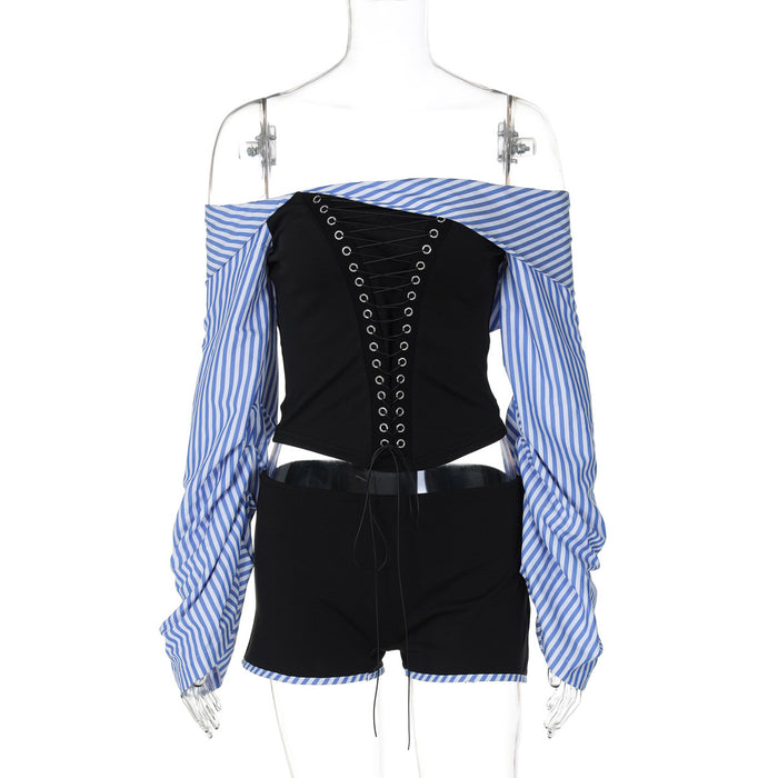 Women off Neck Striped Shirt Irregular Asymmetric with Personality Stitching Corns Tied Top Shorts Two Piece Set