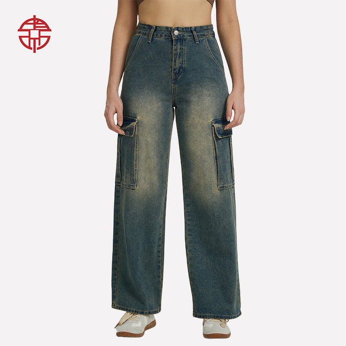 Autumn High Street Overalls Pocket Design Washed High Waist Straight Jeans for Women