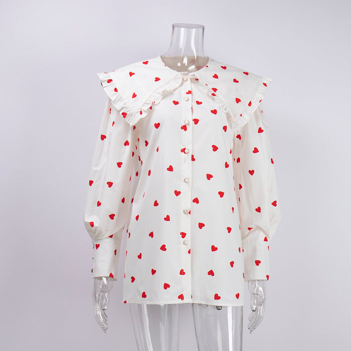 Heart Printing Shirt Summer Red Heart Printing Printed Peter Pan Collar Lantern Sleeve Shirt