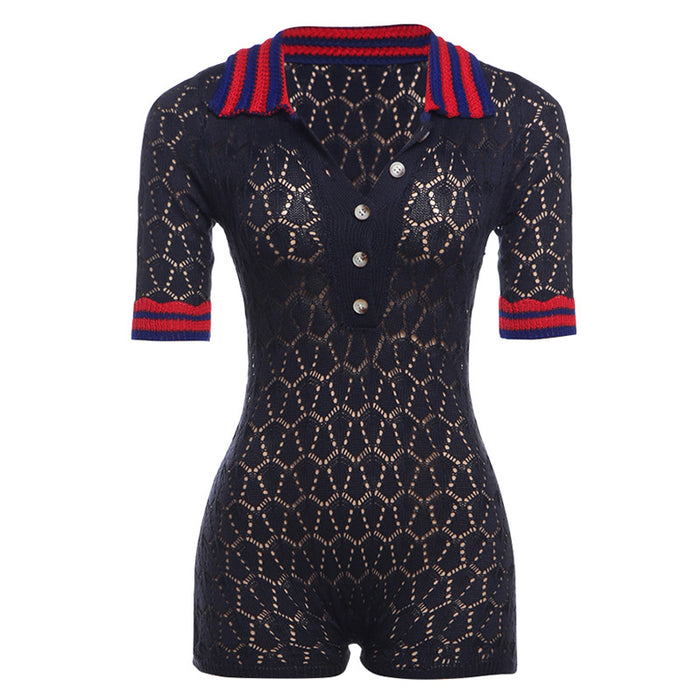 Spring Summer Women Clothing Arrival Pool Collar Short Sleeve Knitted Tight High Waist Romper