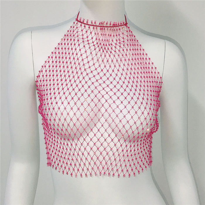 Women Clothing Grid Rhinestone Fishnet Halter Spaghetti Straps Sexy Cutout Sexy Sling Women