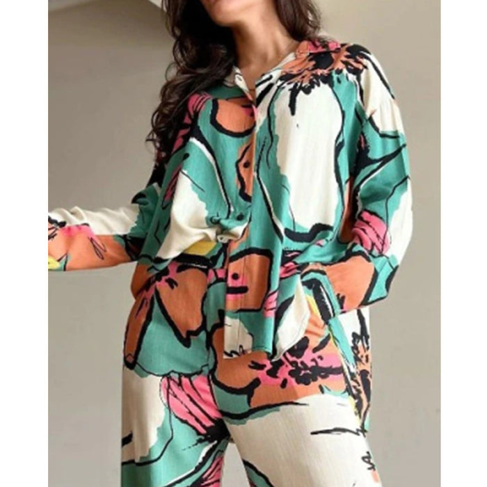 Elegant Women Clothing Printed Office Shirt High Waist Wide Leg Pants Set