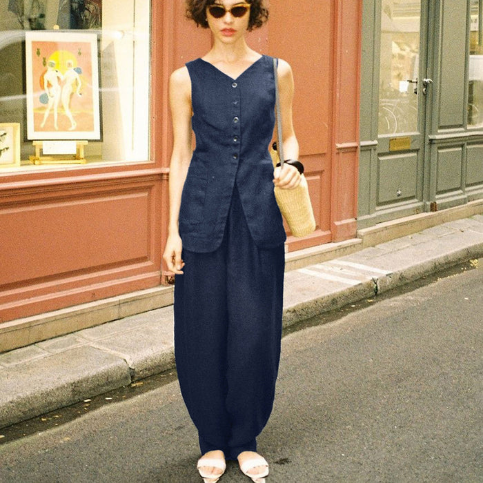 Navy Blue Sleeveless Vest Trousers Suit Summer Cinched Waist Waistcoat Slimming Two Piece Suit