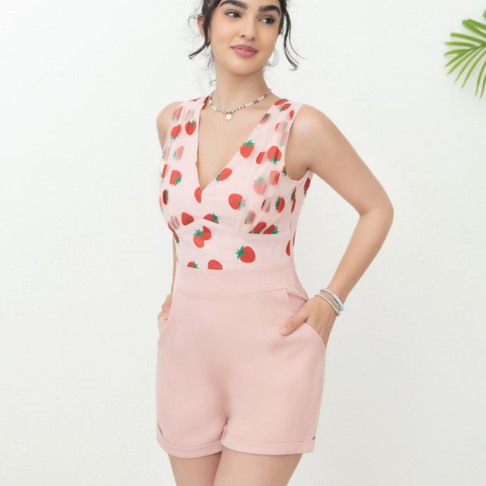 Women Clothing Cute V neck Strawberry Mesh Stitching Romper Women High Grade Summer Casual Women Clothing