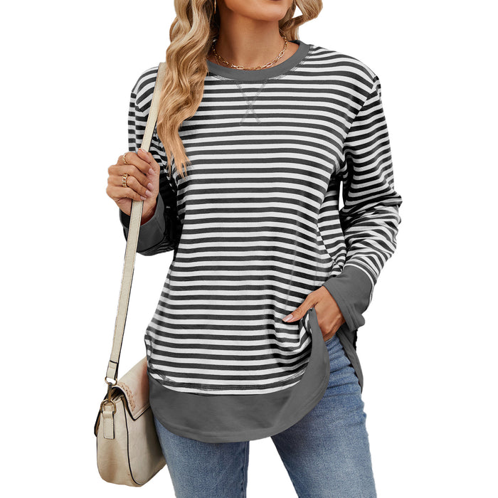 Autumn Winter Striped Contrast Color round Neck Loose Long Sleeve Sweatershirt Top for Women