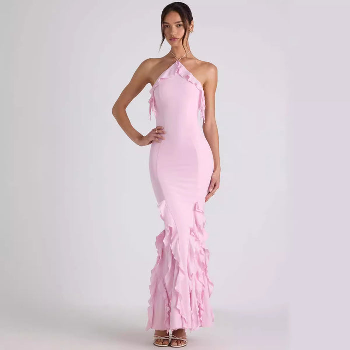 Women Summer Sexy Halter Backless Sheath Ruffled Pleated Drape Evening Dress Maxi Dress