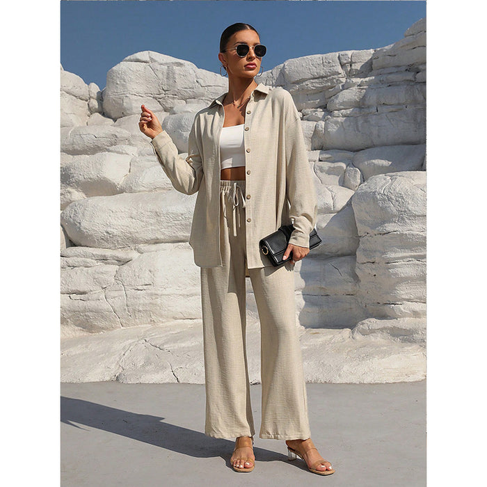 Trousers Shirt Outfit Solid Color Collared Long Sleeve Shirt Loose High Waist Trousers Casual Set