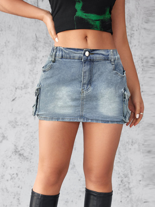 Denim Skirt Women Summer Retro Stretch Tight Cargo Pocket Hip Skirt